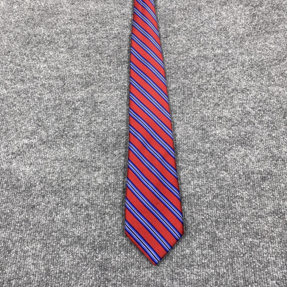 Chaps Tie Mens One Size Red Blue Striped 100% Silk Hand Made Necktie Classic